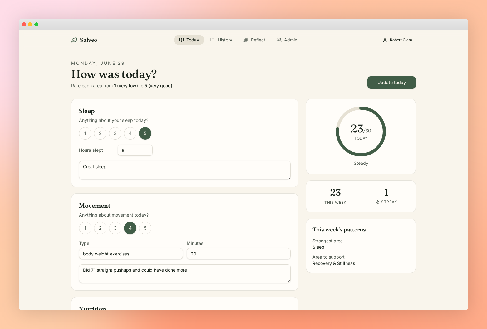 Daily wellness journal showing sleep, movement, and today's score ring.
